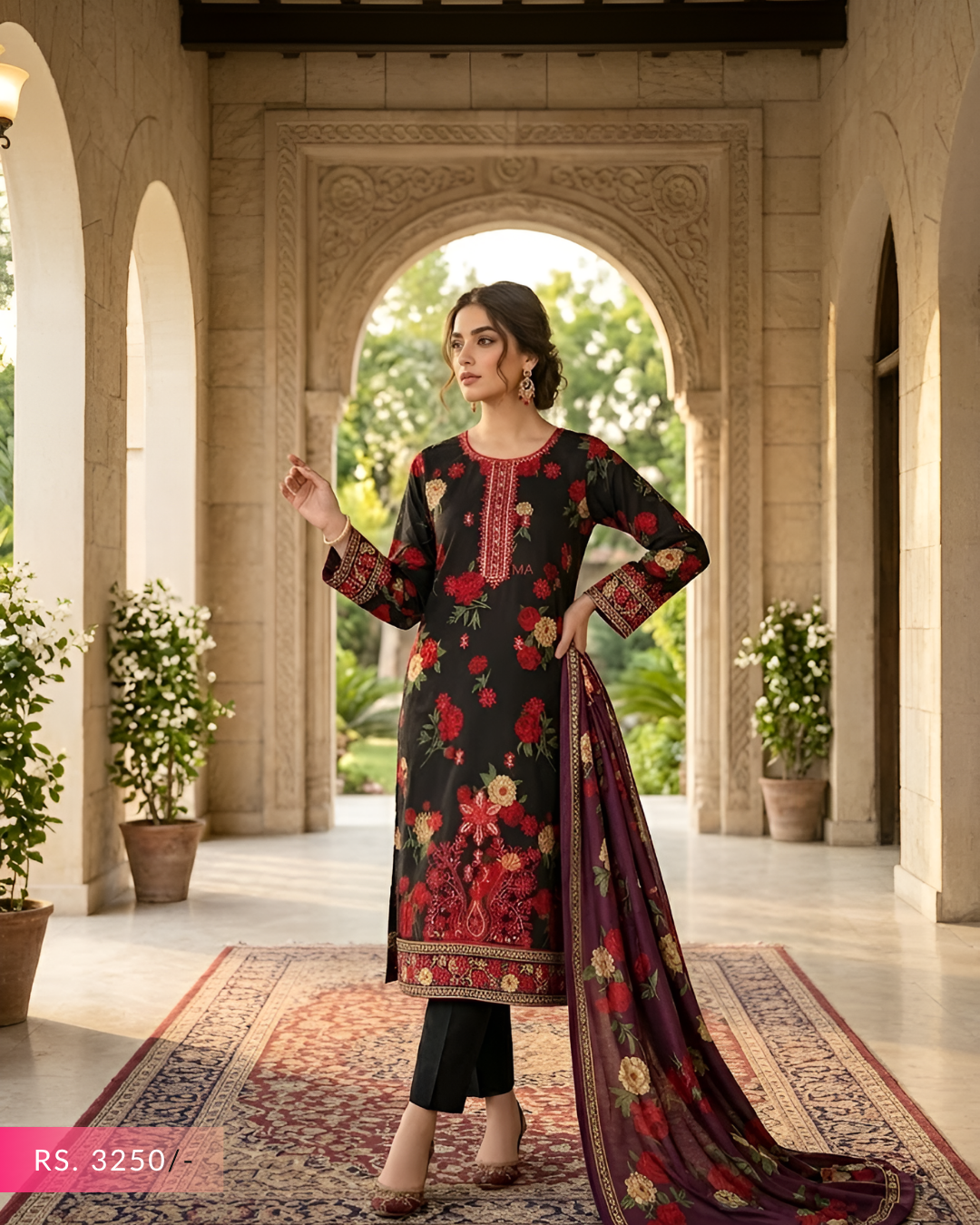 Pariza Premium 3PC Homewear Lawn Suit – Red & Black Printed Lawn Dress with Dupatta