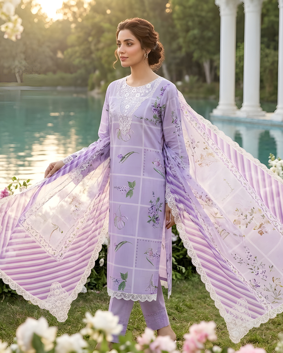 Light Purple Floral Premium Lawn Unstitch 3PC Article