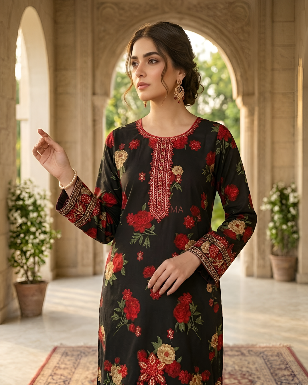 Pariza Premium 3PC Homewear Lawn Suit – Red & Black Printed Lawn Dress with Dupatta