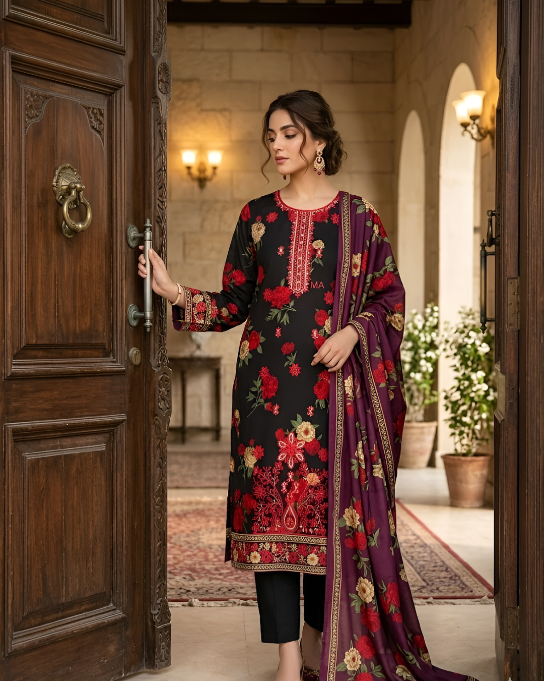 Pariza Premium 3PC Homewear Lawn Suit – Red & Black Printed Lawn Dress with Dupatta