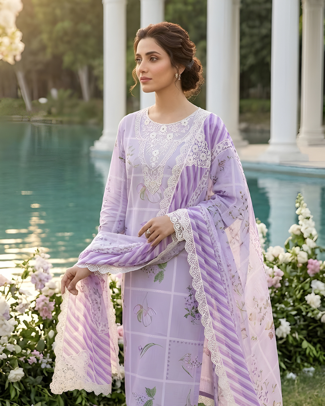 Light Purple Floral Premium Lawn Unstitch 3PC Article