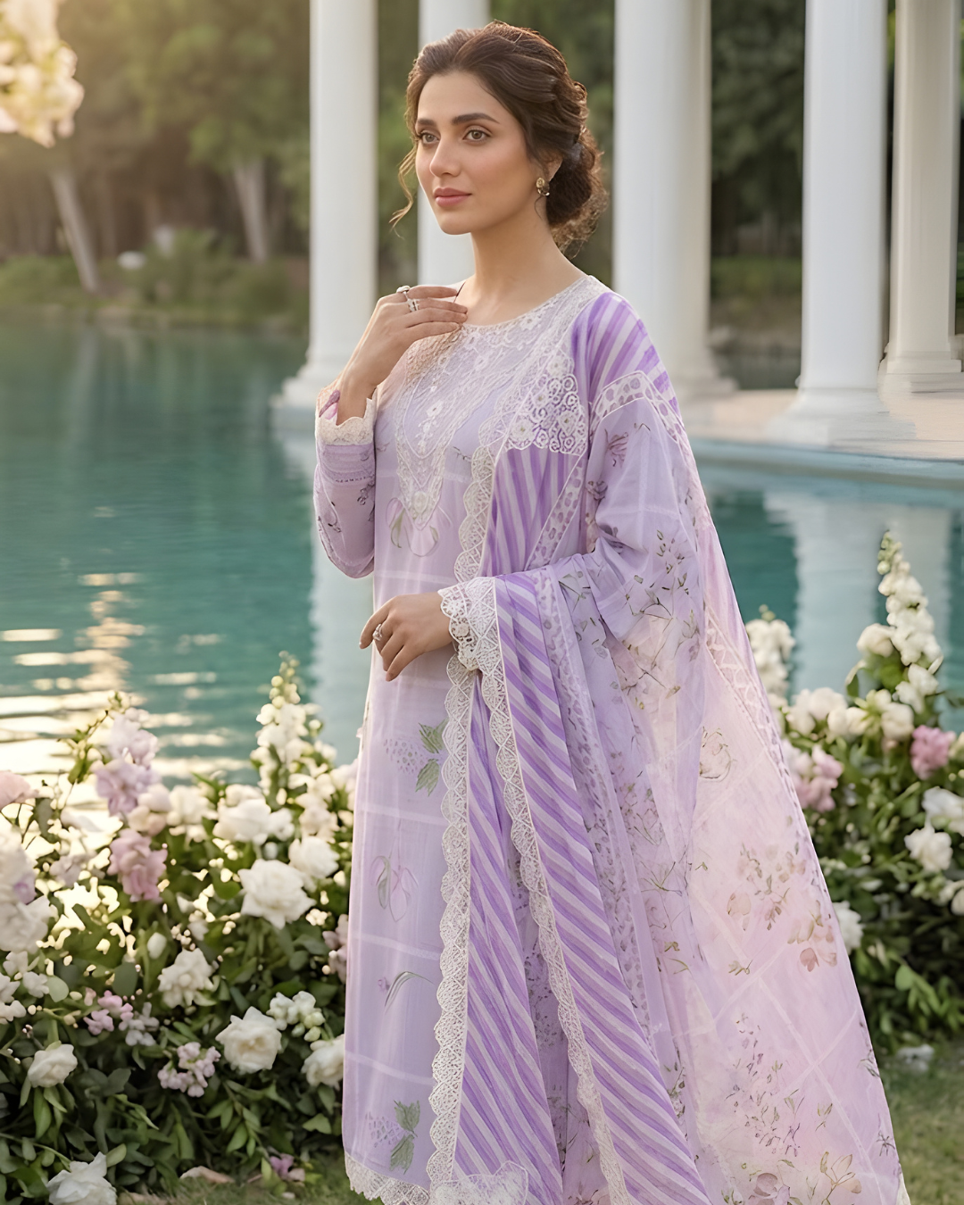 Light Purple Floral Premium Lawn Unstitch 3PC Article