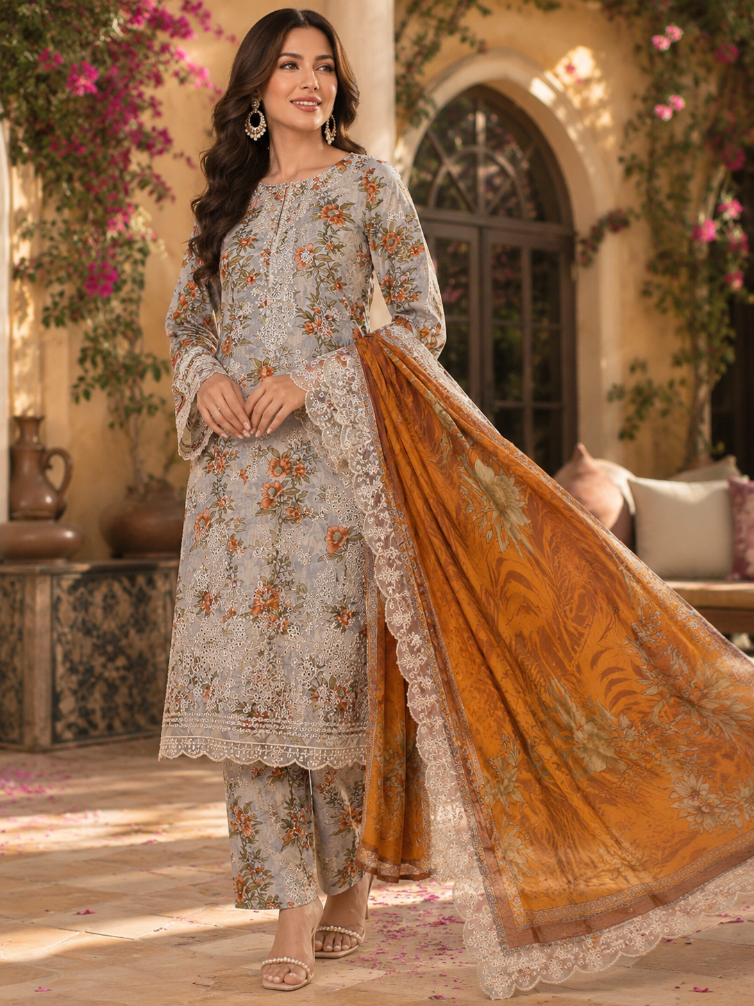 Pariza Peach Floral Embroidered 3PC Lawn Suit with Chiffon Dupatta (PL-026)