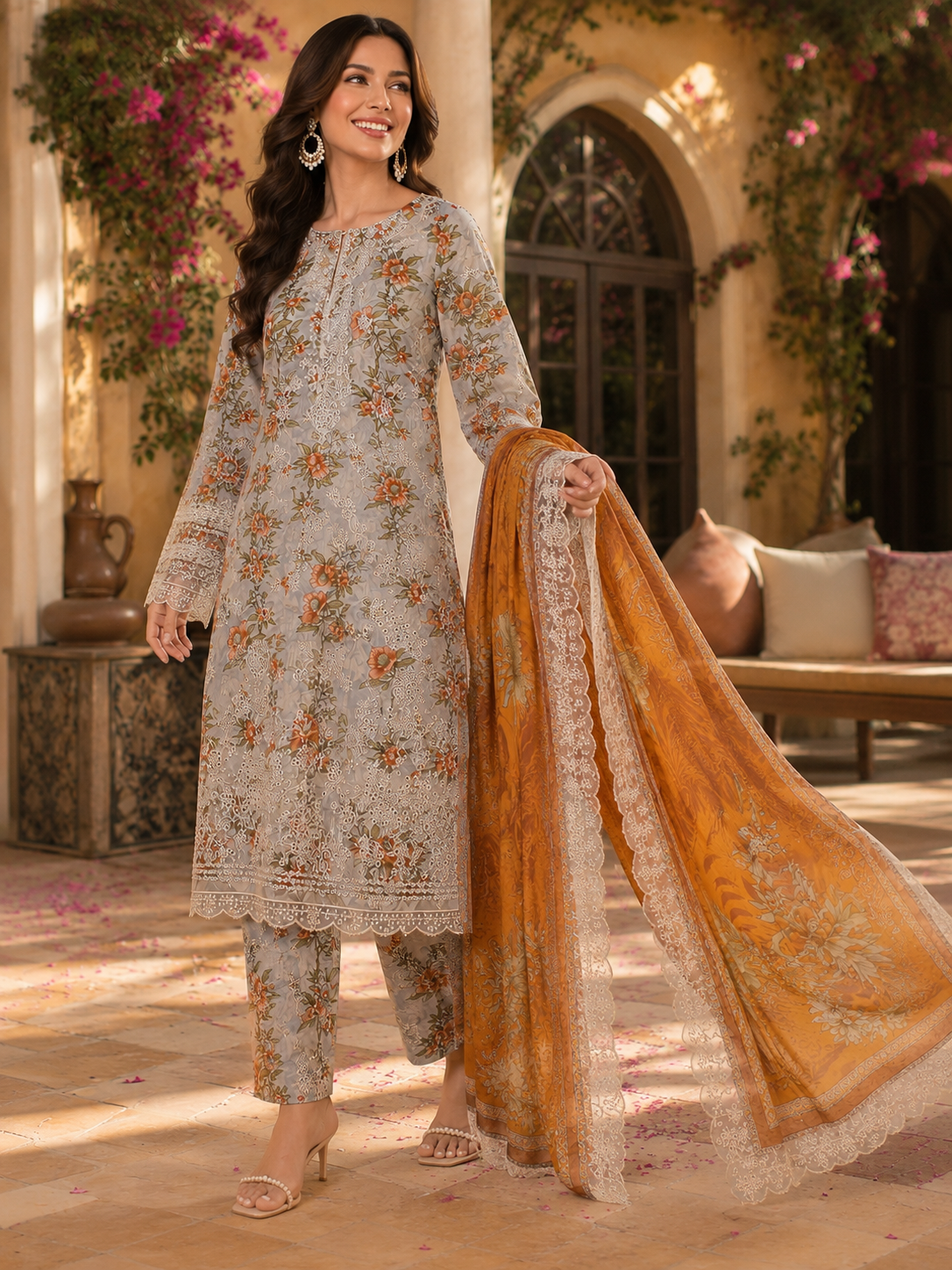 Pariza Peach Floral Embroidered 3PC Lawn Suit with Chiffon Dupatta (PL-026)