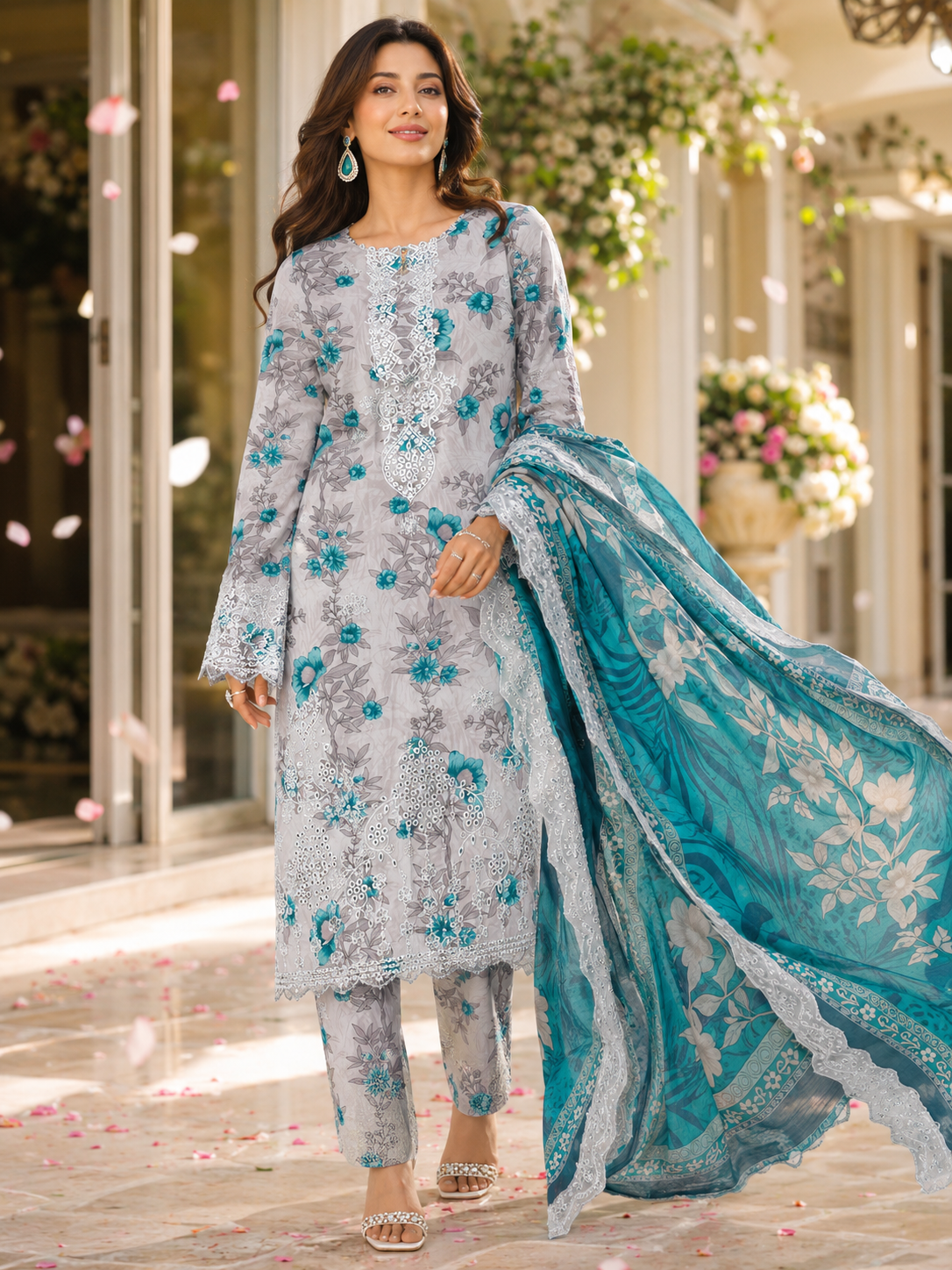 Pariza Teal Floral Embroidered 3PC Lawn Suit – Premium Collection (PL-025)