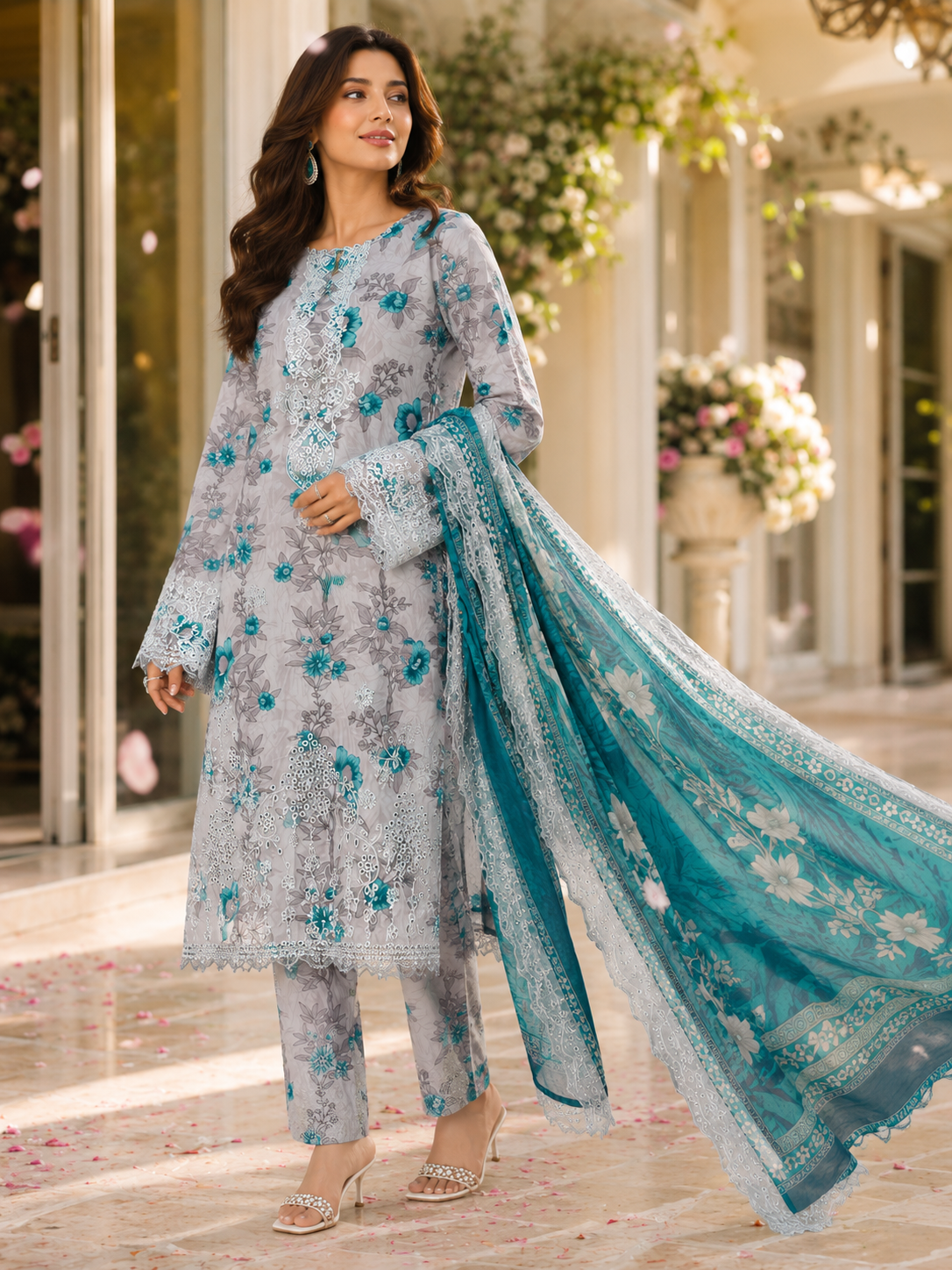 Pariza Teal Floral Embroidered 3PC Lawn Suit – Premium Collection (PL-025)