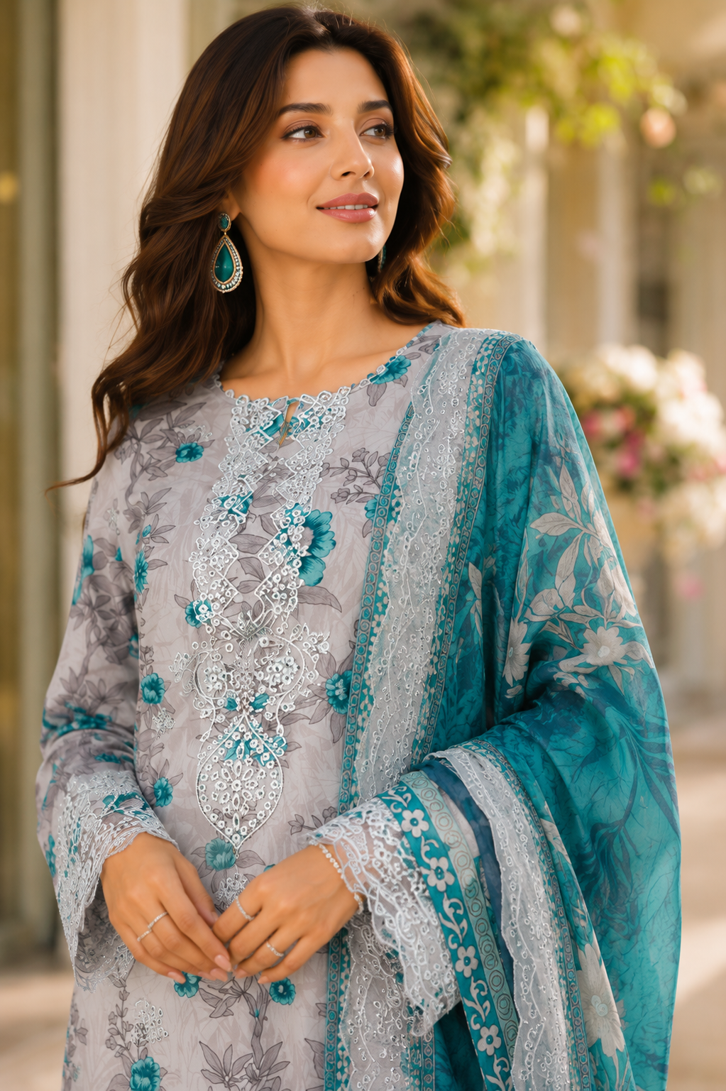 Pariza Teal Floral Embroidered 3PC Lawn Suit – Premium Collection (PL-025)