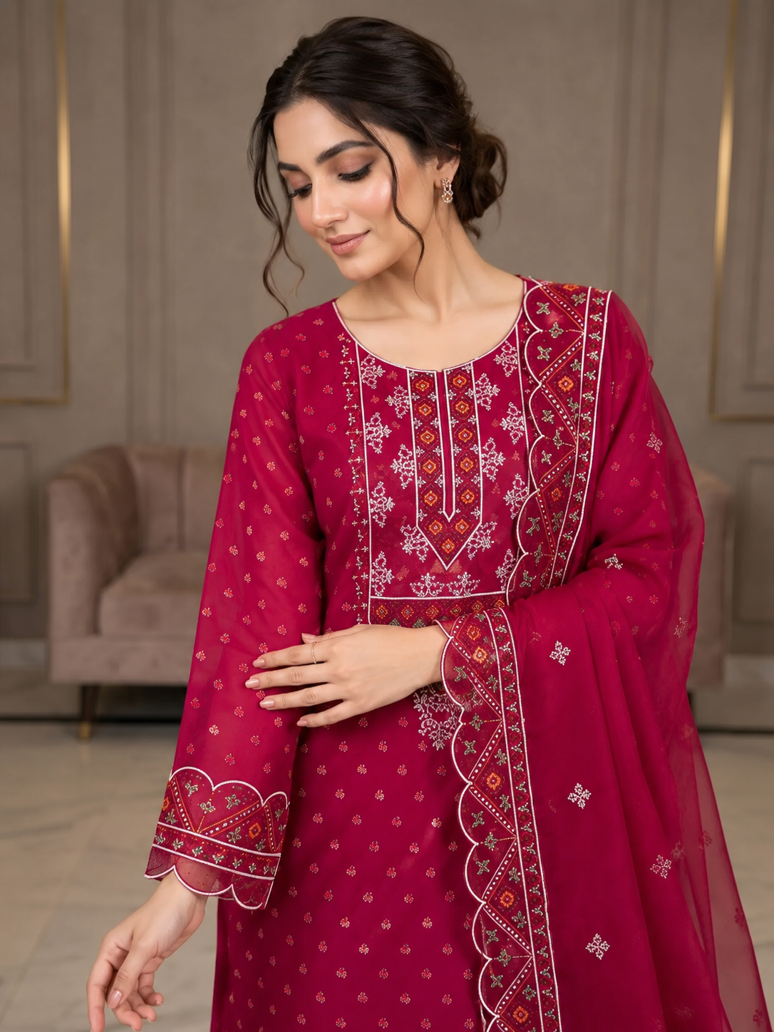Red Embroided Premium Article with Bamber Dupatta