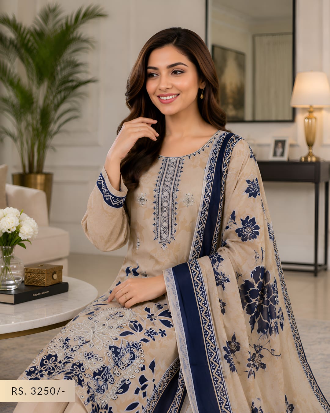 Pariza Premium 3PC Homewear Lawn Suit – Beige & Navy Blue Printed Lawn Dress with Dupatta