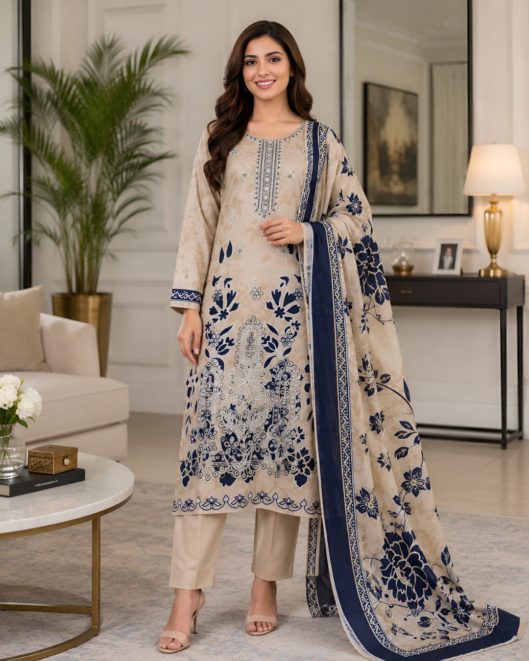 Pariza Premium 3PC Homewear Lawn Suit – Beige & Navy Blue Printed Lawn Dress with Dupatta