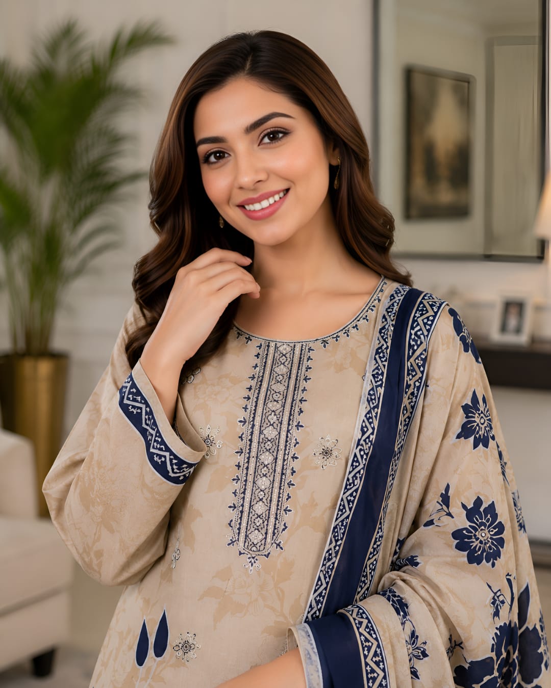 Pariza Premium 3PC Homewear Lawn Suit – Beige & Navy Blue Printed Lawn Dress with Dupatta