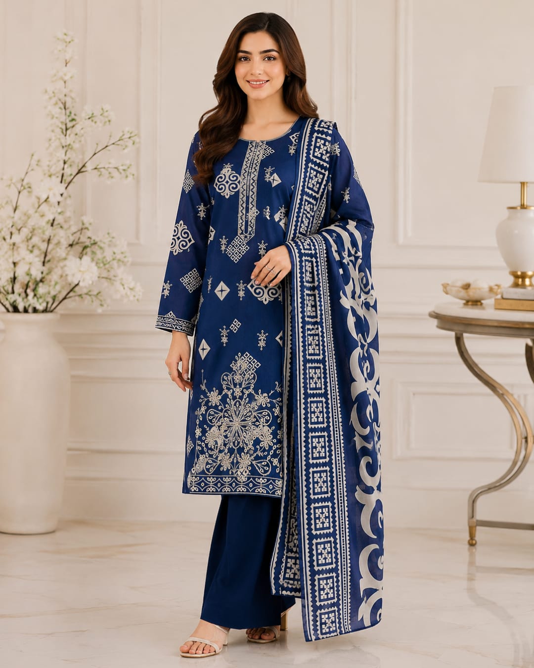 Pariza Premium 3PC Homewear Lawn Suit – Royal Blue Printed Dress with Matching Dupatta