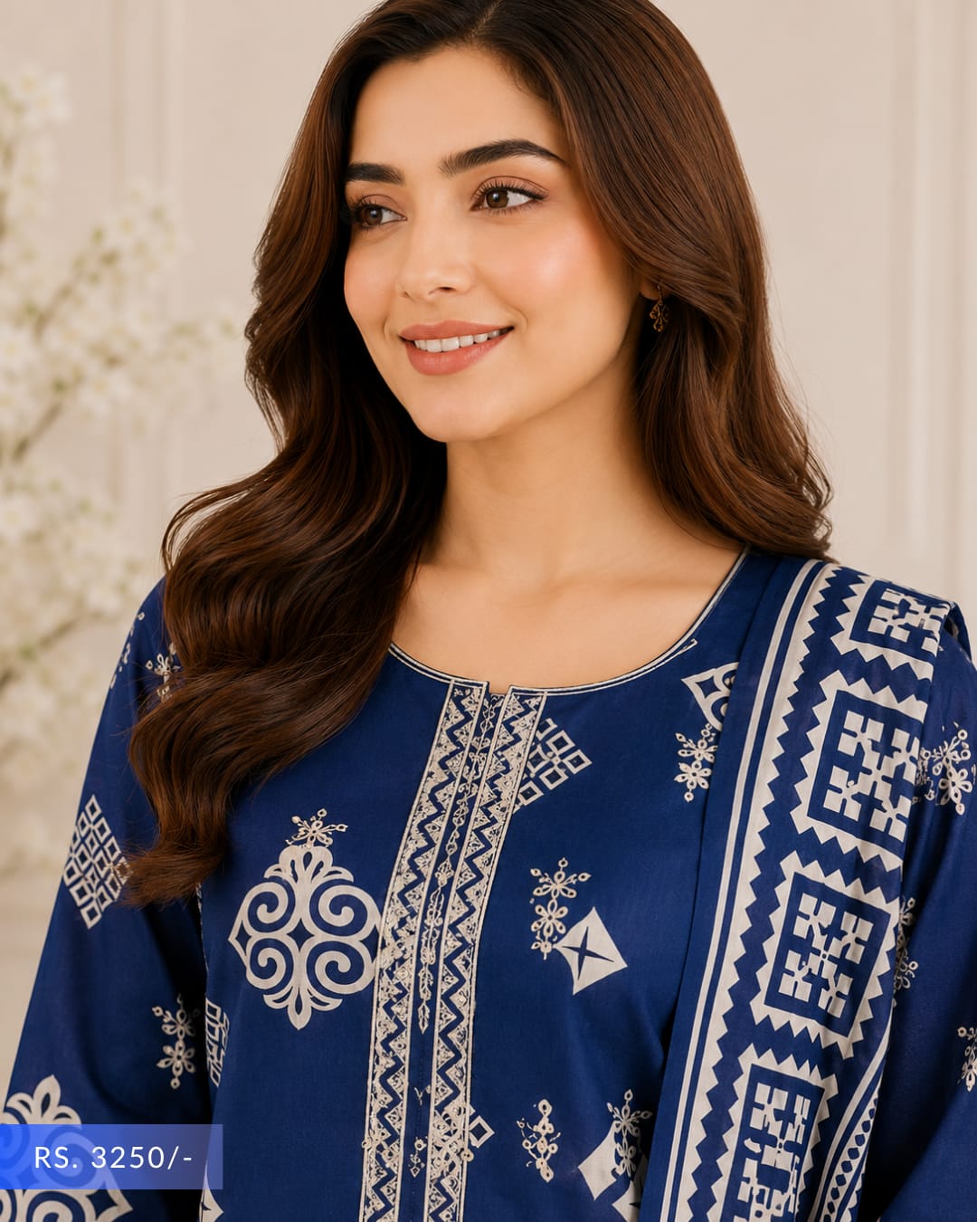 Pariza Premium 3PC Homewear Lawn Suit – Royal Blue Printed Dress with Matching Dupatta