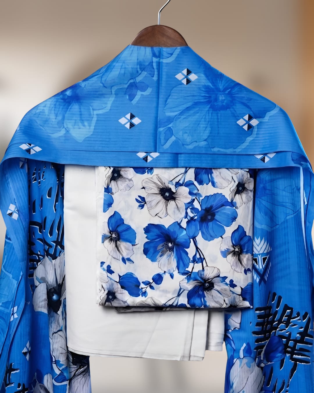 Blue and White Floral Pariza Premium Printed 3PC Lawn Suit