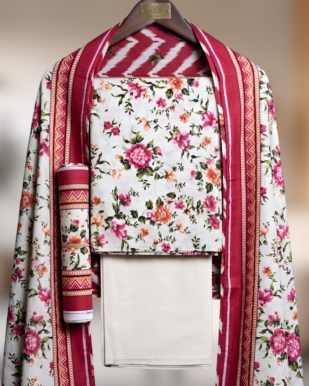 Crimson Rose & Off-White Pariza Premium Printed 3PC Lawn Suit