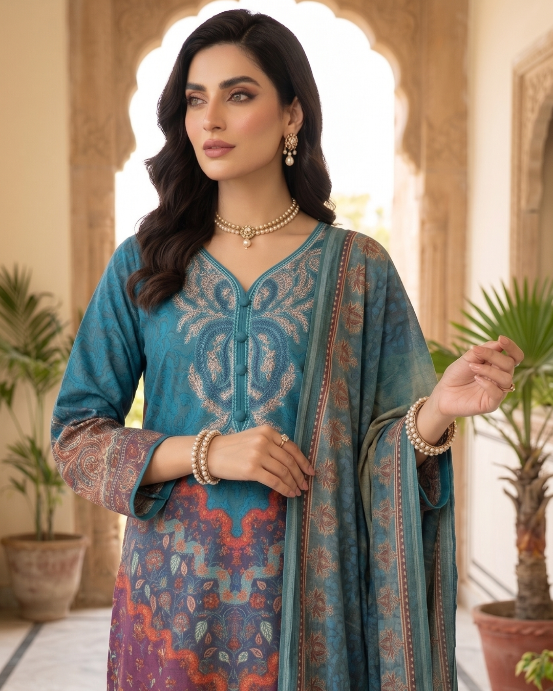Teal Blue Embroidered Printed 3 Piece Lawn Suit
