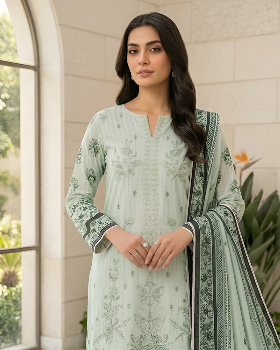 Pariza Mint Green Printed Lawn 3-Piece Suit with Embroidered Neckline