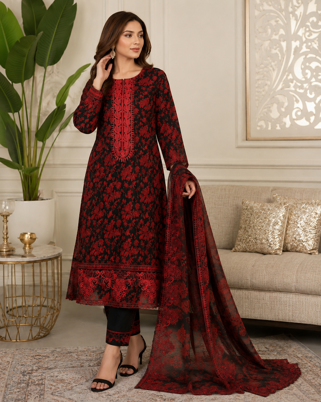 Premium Black & Red Embroidered Unstitched 3 Piece Suit ( PL - 029 )