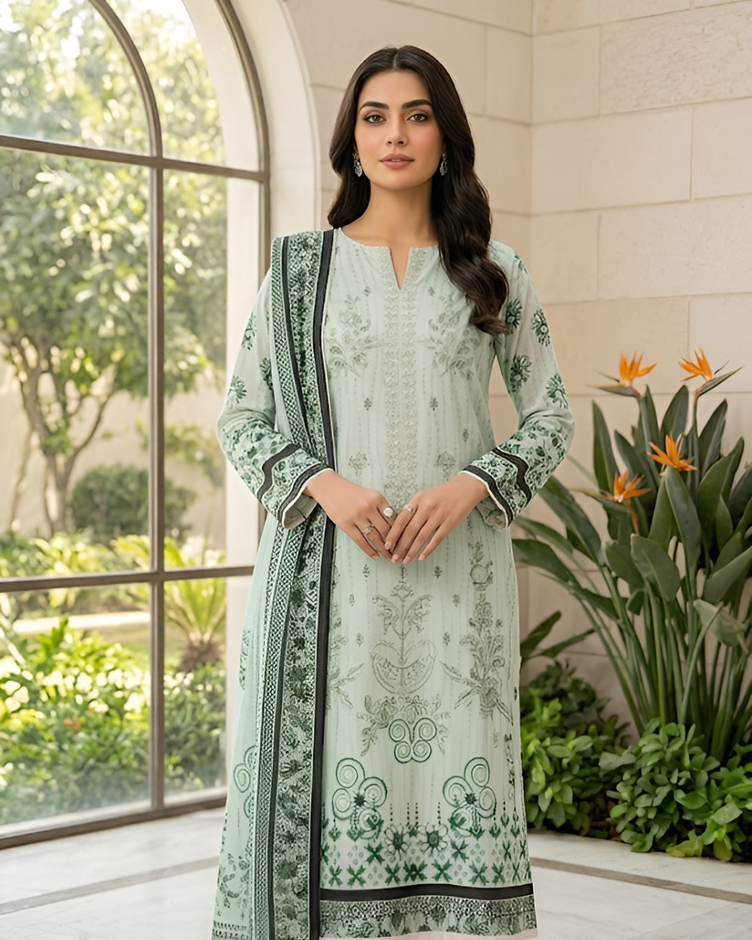 Pariza Mint Green Printed Lawn 3-Piece Suit with Embroidered Neckline