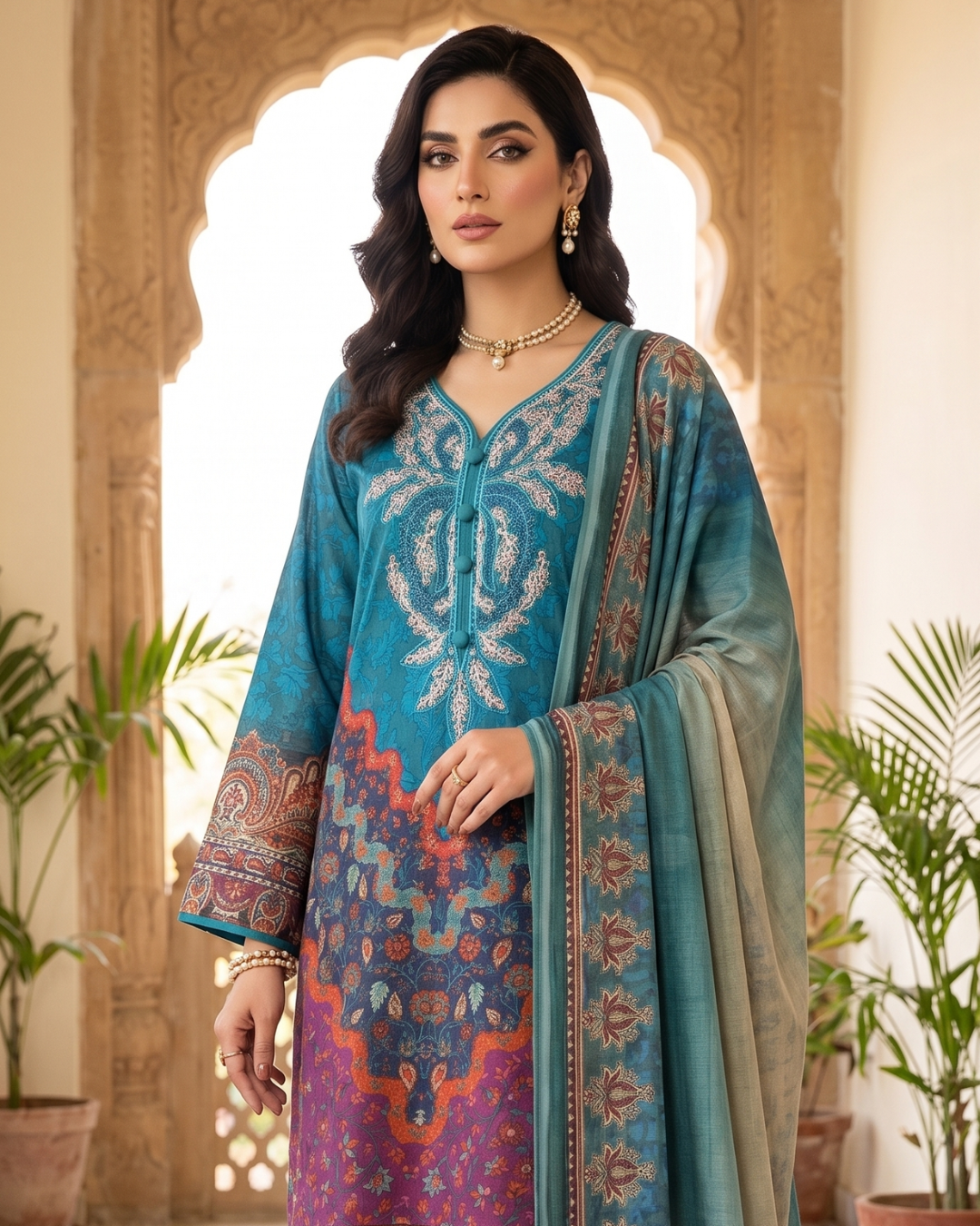 Teal Blue Embroidered Printed 3 Piece Lawn Suit