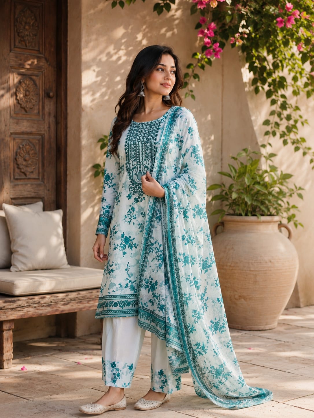 Aqua Bloom Printed 3 Piece Lawn Suit ( PL - 030 )