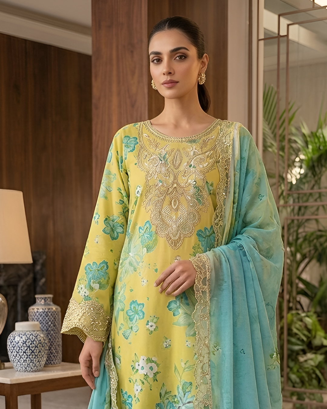 Pariza Luxury 3-Piece Unstitched Summer Lawn Suit – Floral Yellow & Powder Blue