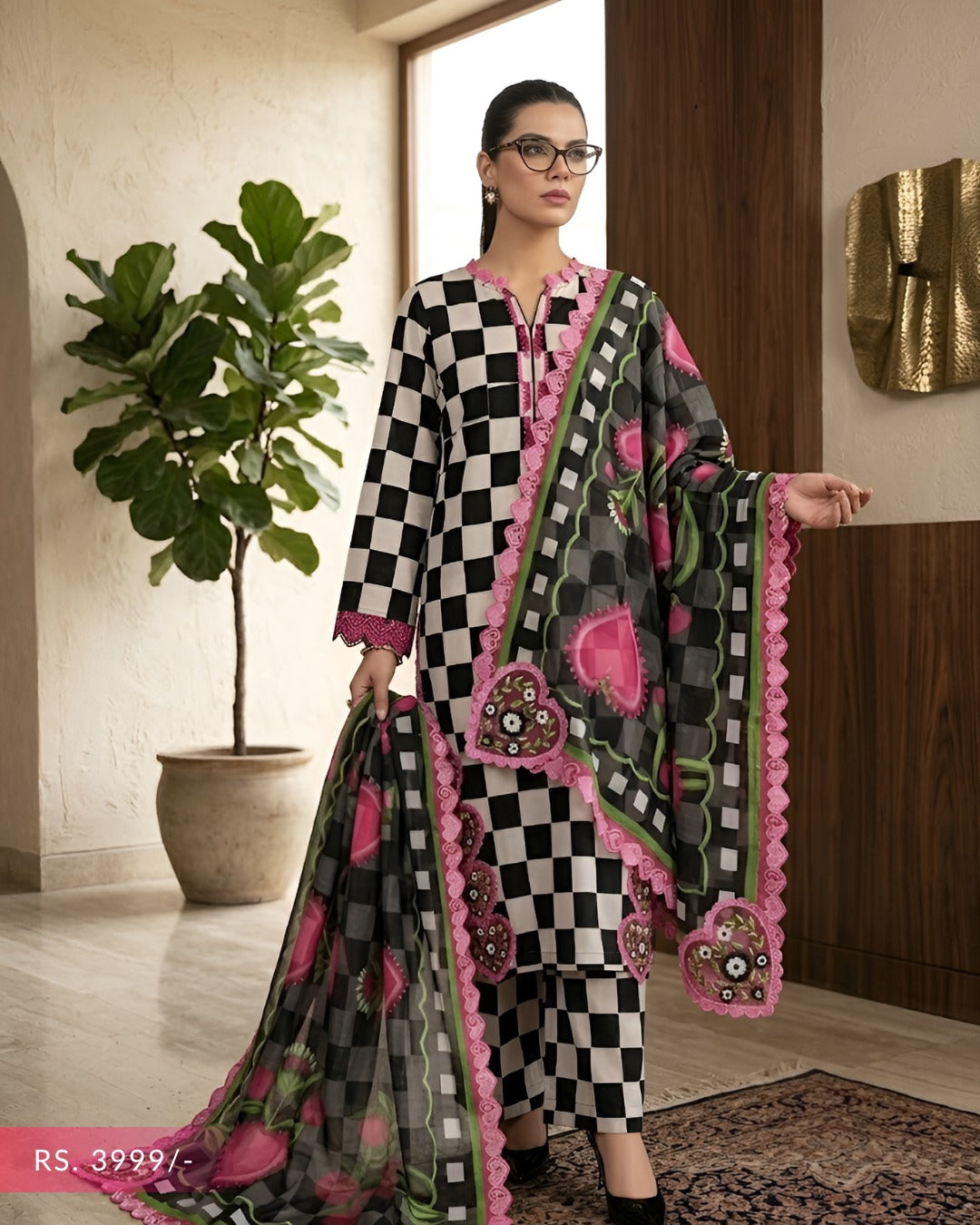 Premium Black Check 3 Piece Lawn Suit