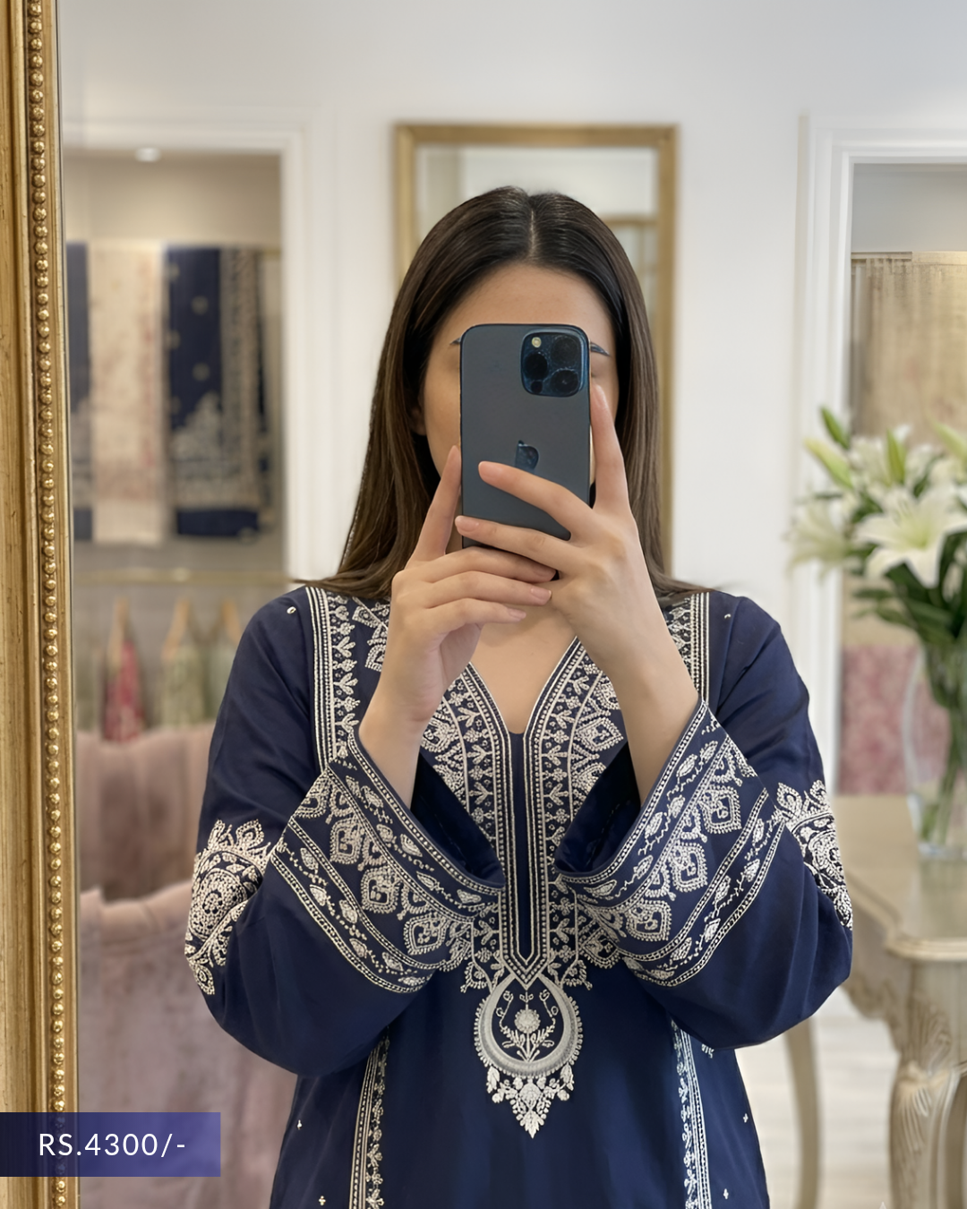 Dark Navy Blue 3pc Embroidery Lawn unstitch Article
