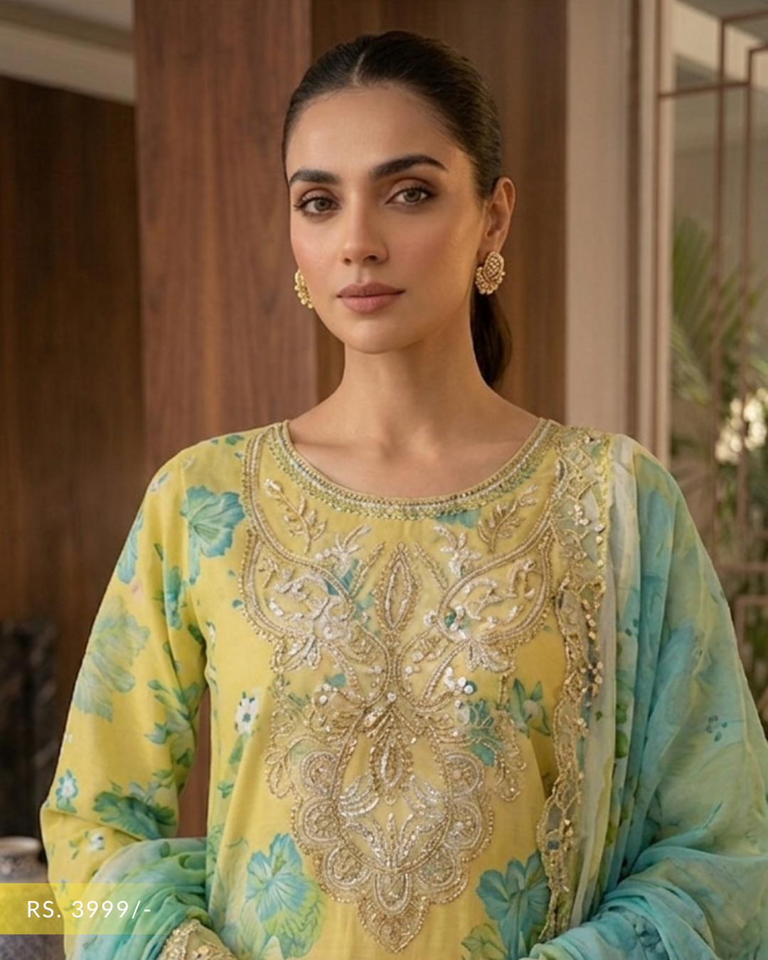 Pariza Luxury 3-Piece Unstitched Summer Lawn Suit – Floral Yellow & Powder Blue