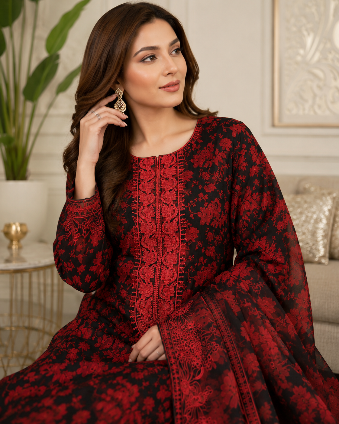 Premium Black & Red Embroidered Unstitched 3 Piece Suit ( PL - 029 )