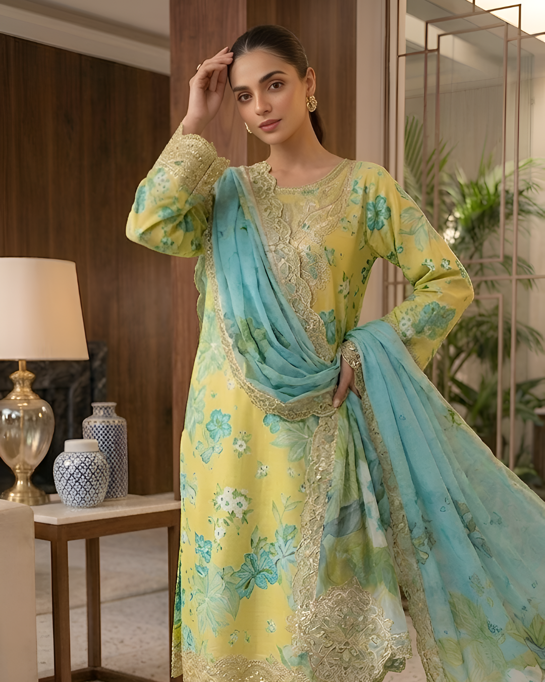 Pariza Luxury 3-Piece Unstitched Summer Lawn Suit – Floral Yellow & Powder Blue