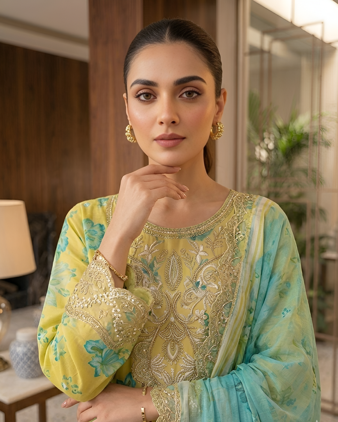Pariza Luxury 3-Piece Unstitched Summer Lawn Suit – Floral Yellow & Powder Blue