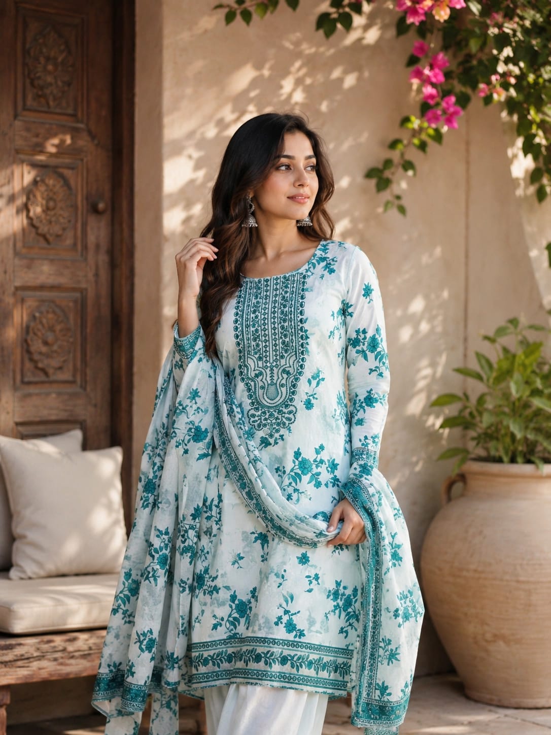 Aqua Bloom Printed 3 Piece Lawn Suit ( PL - 030 )